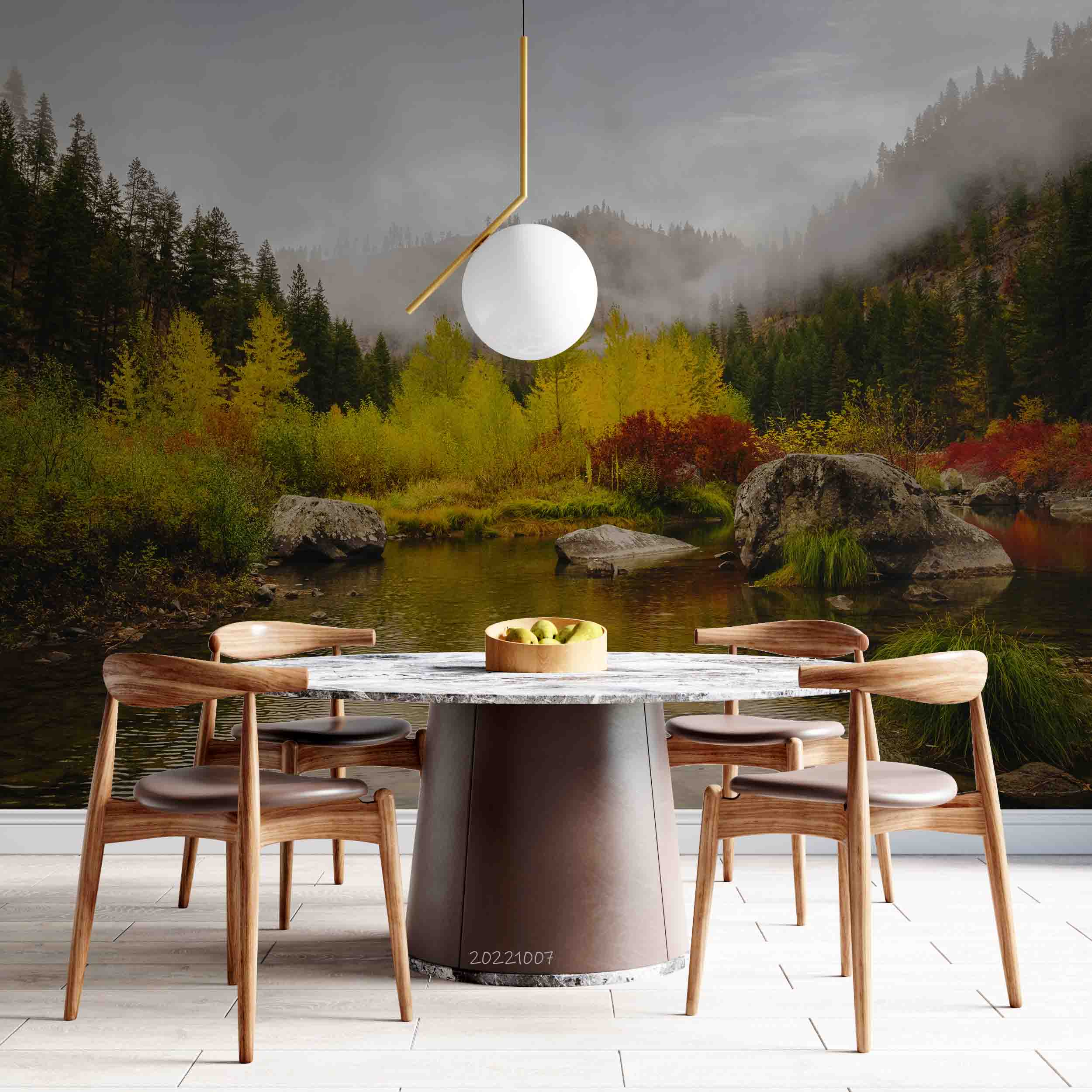 3D Autumn Forest River Misty Morning Wall Mural Wallpaper GD 3294- Jess Art Decoration