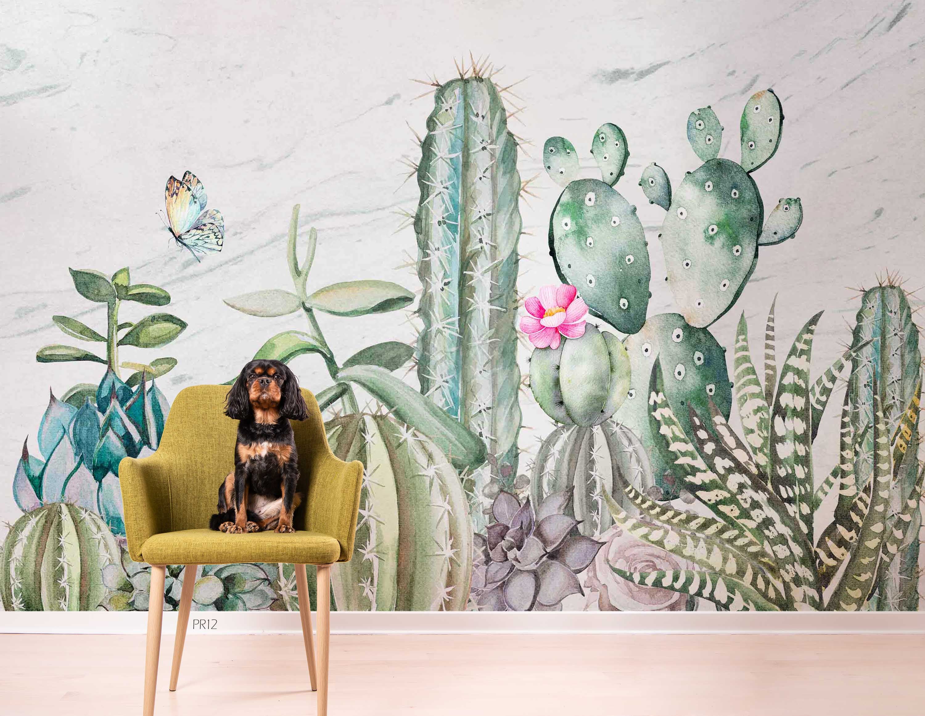 3D Watercolor Cactus Floral Butterfly Wall Mural Wallpaper GD 4962- Jess Art Decoration