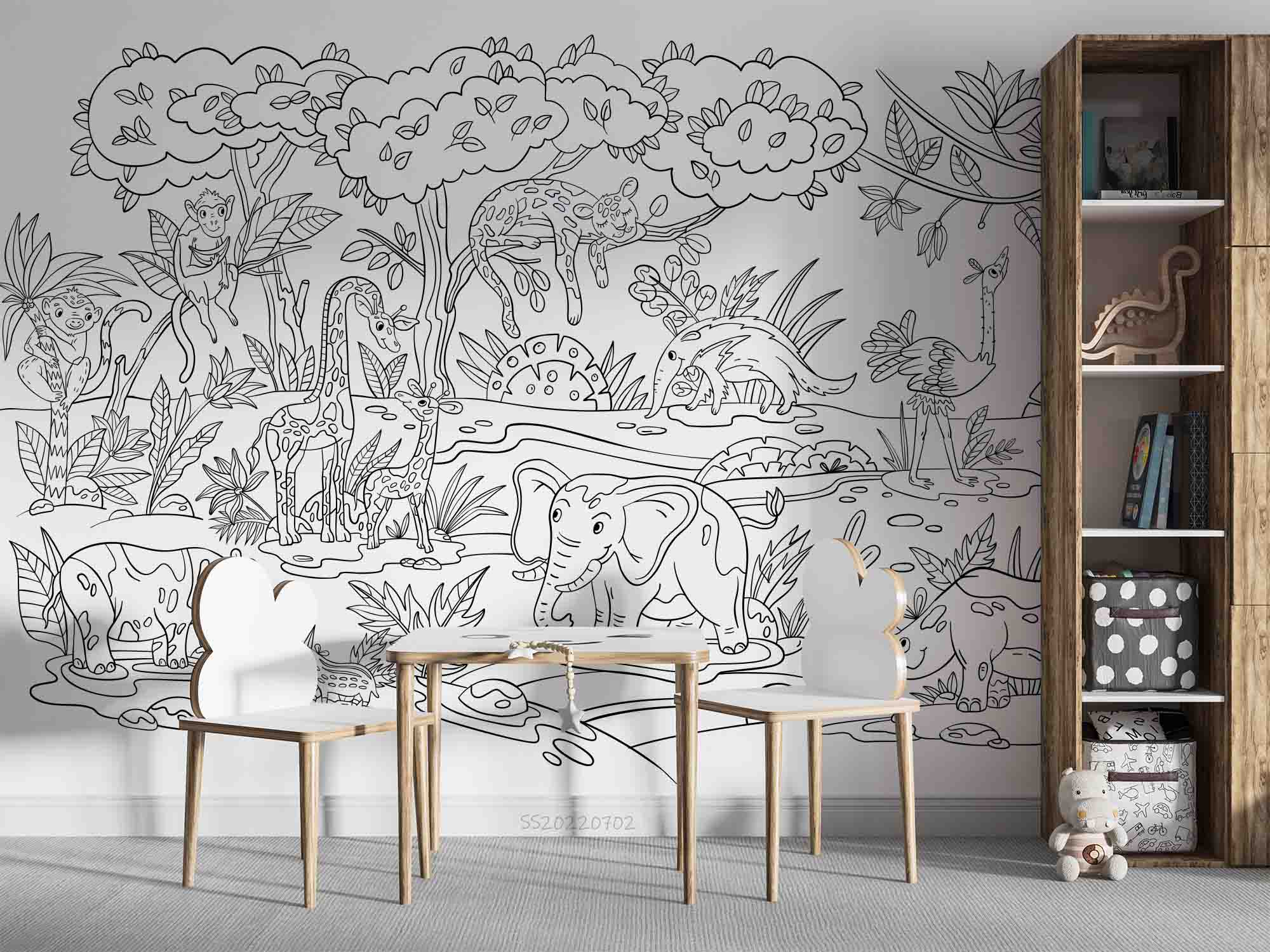 3D Cartoon Graffiti Tropical Animals Birds Trees Wall Mural Wallpaper GD 5104- Jess Art Decoration