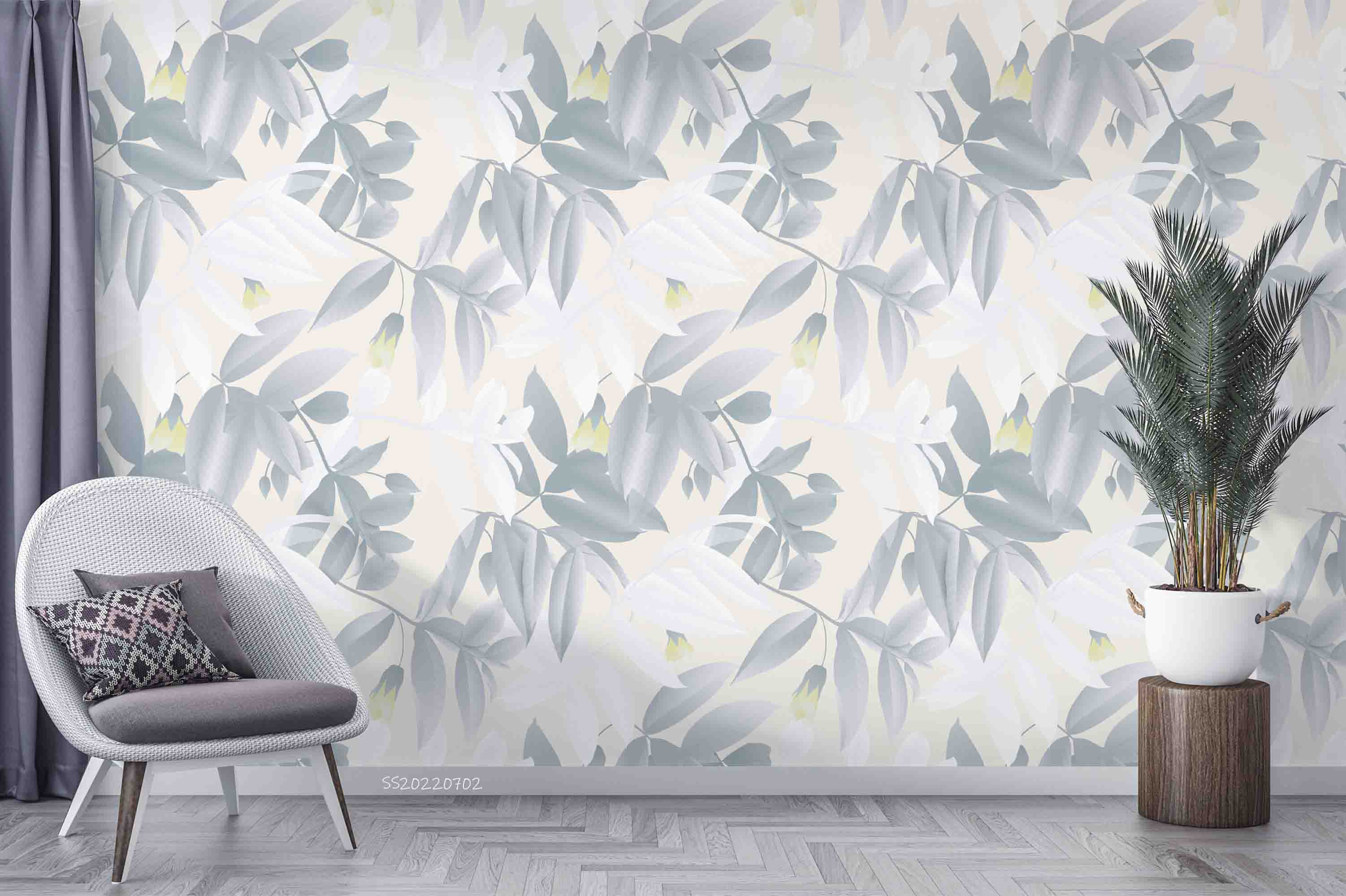 3D Green White Leaves Yellow Floral Light Yellow Background Wall Mural Wallpaper GD 5141- Jess Art Decoration