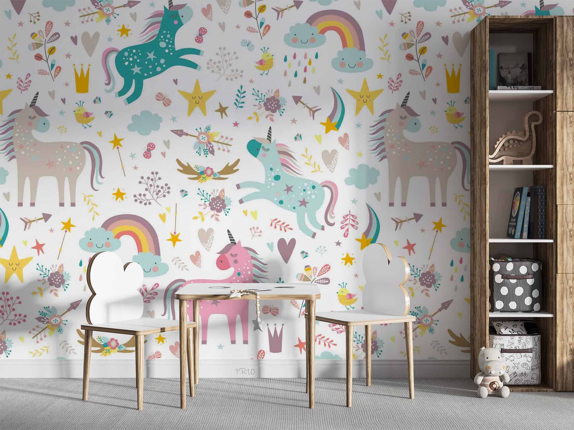 3D Cartoon Unicorn Cloud Rain Star Bird Wall Mural Wallpaper GD 4715- Jess Art Decoration