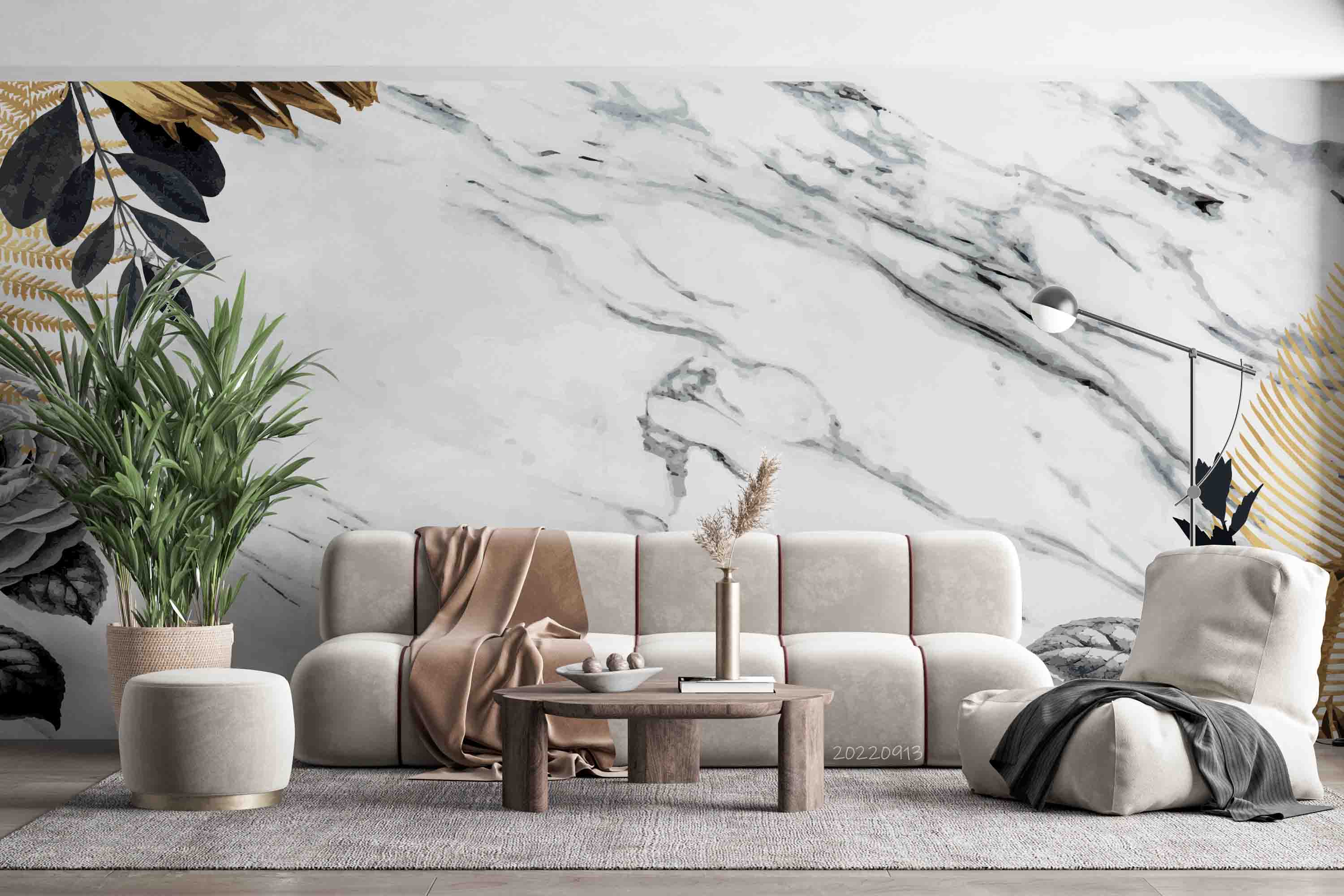 3D Black Gold Leaf Border White Marble Background Wall Mural Wallpaper GD 3582- Jess Art Decoration