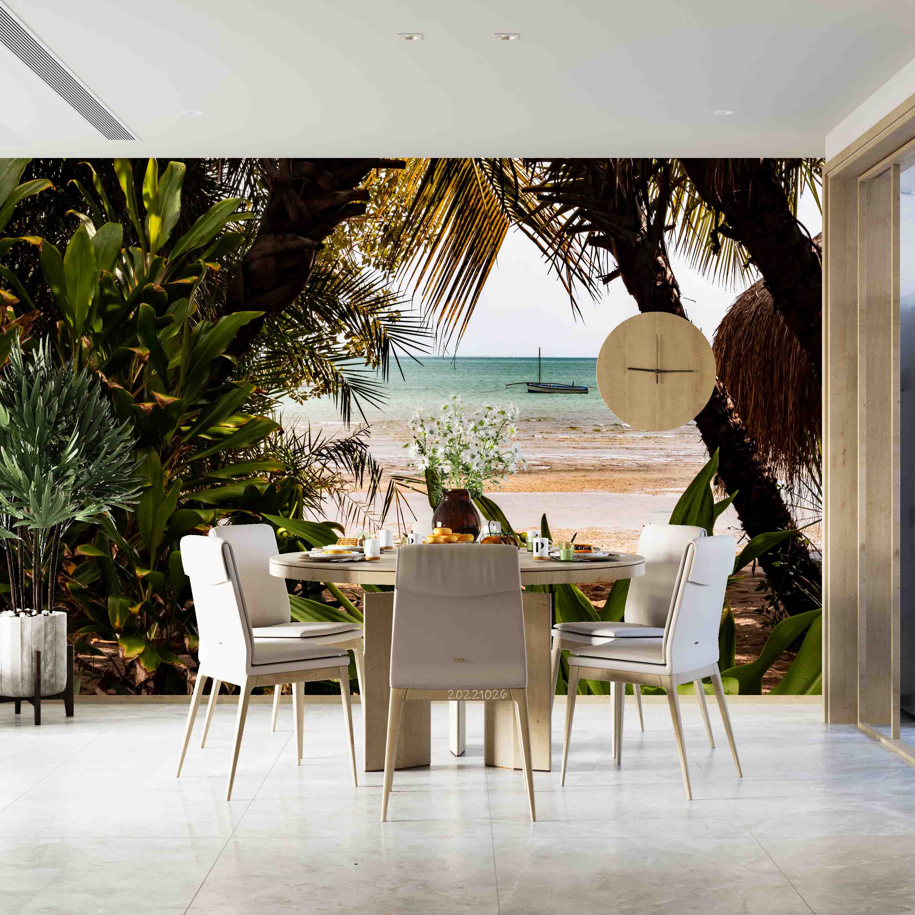 3D Tropical Beach Sea Waves Boat Coconut Trees Wall Mural Wallpaper GD 3179- Jess Art Decoration