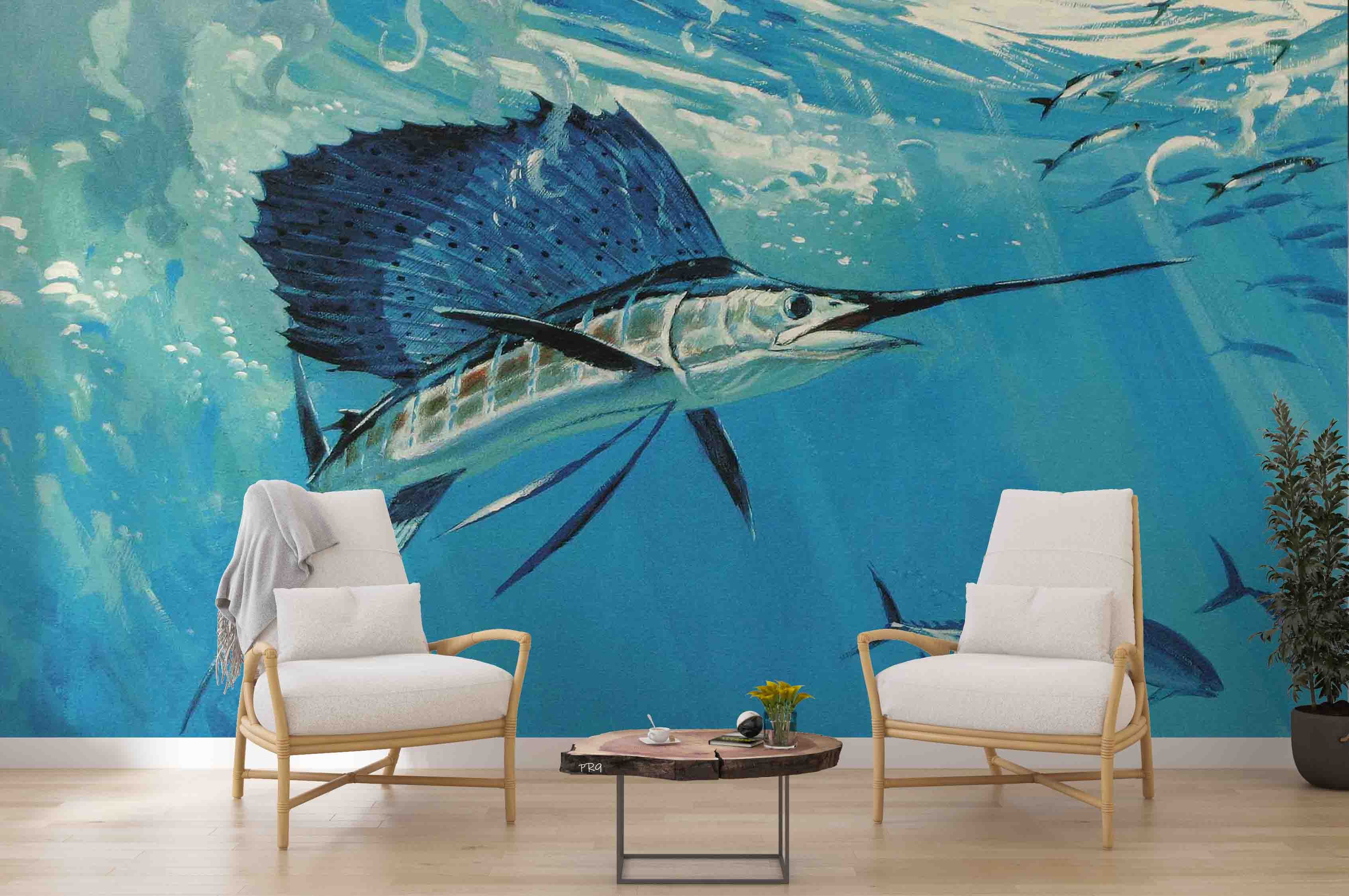 3D Blue Sea Fish underwater tuna fish scene wall mural wallpaper for kids room - view 6