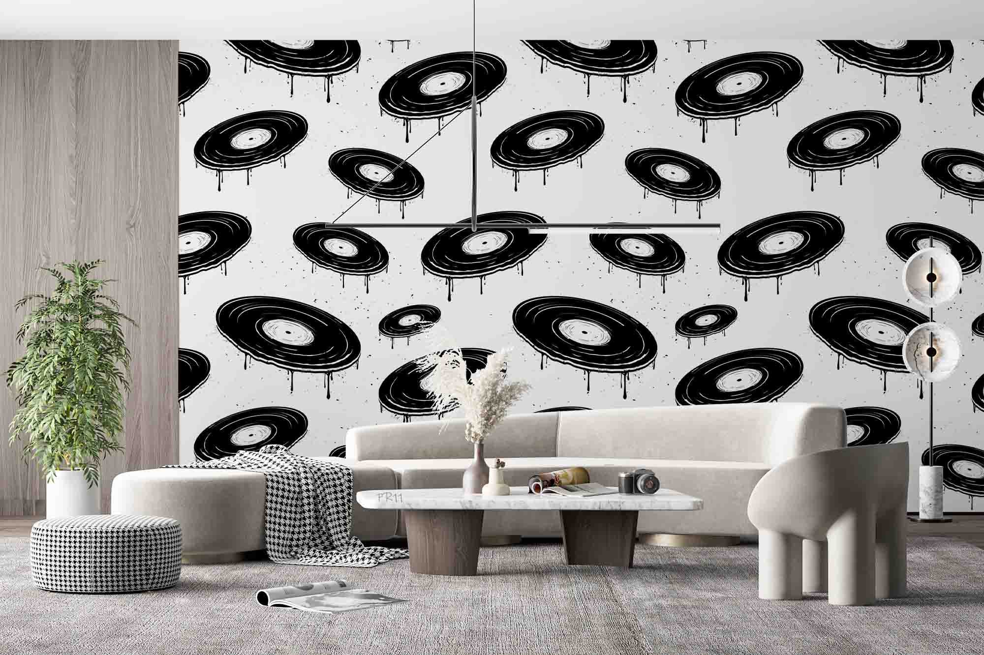 Geometric Circle Drip Ink White Contemporary Wallpaper contemporary street art wall mural for creative room or feature wall -