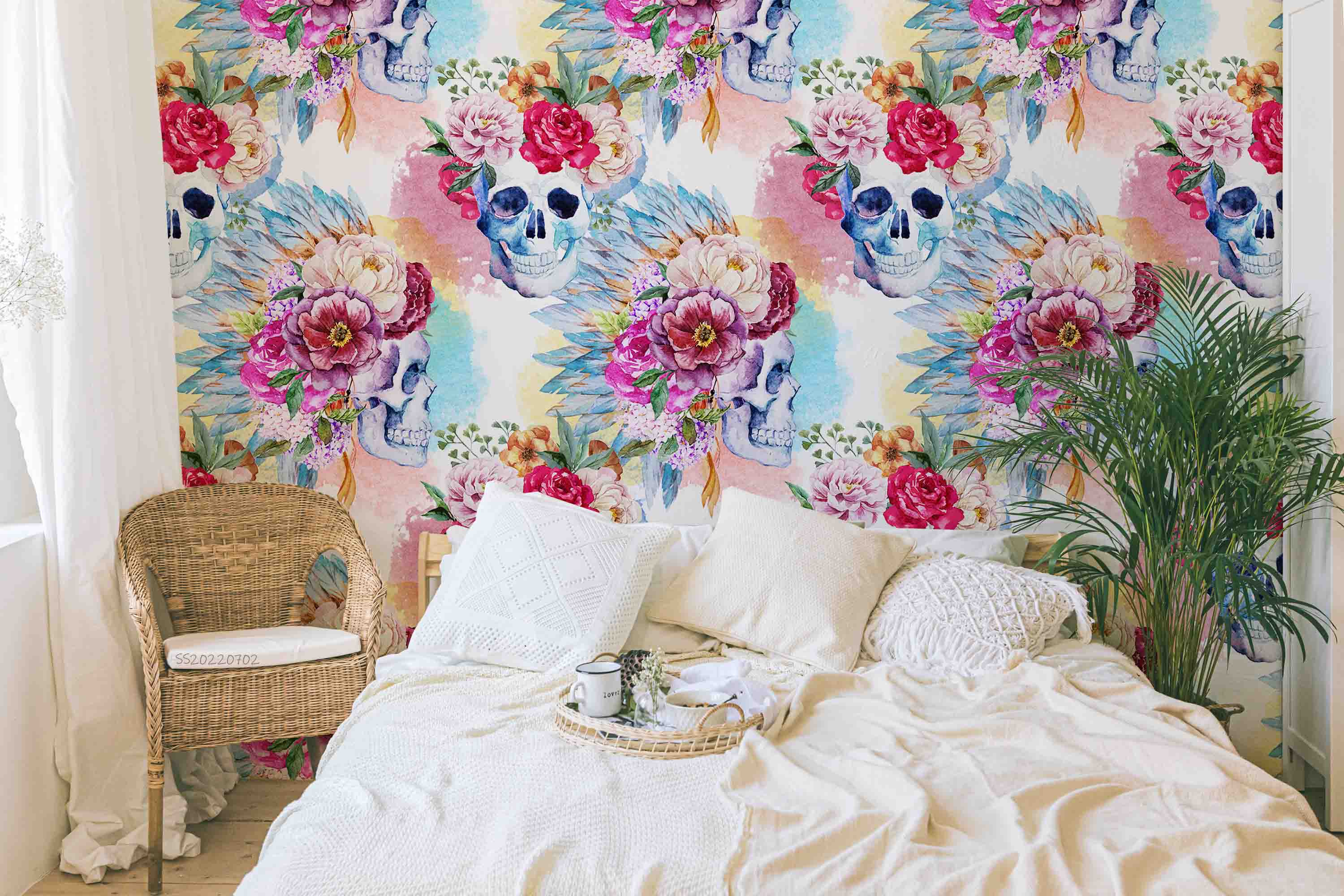 3D Watercolor Peony Skull Wreath Pattern Wall Mural Wallpaper GD 5193- Jess Art Decoration