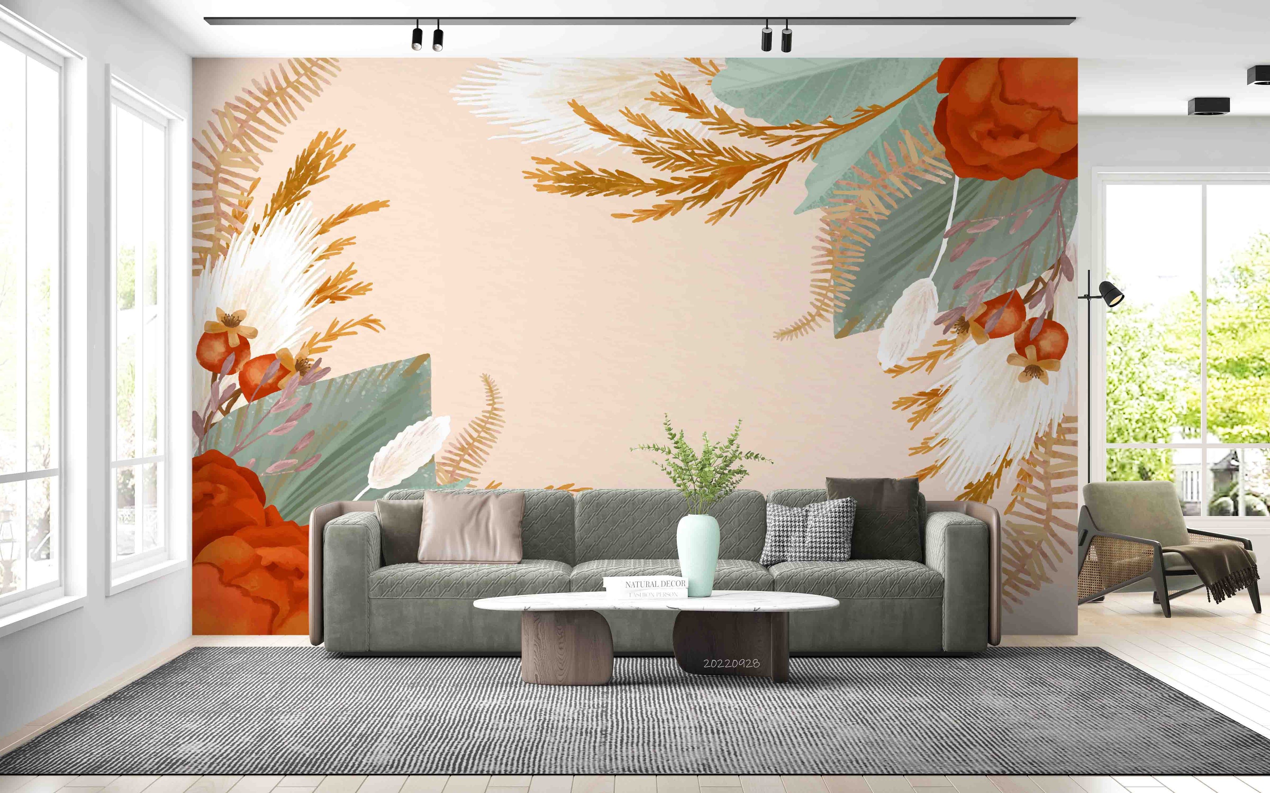3D Watercolor Boho Background Floral Leaves Wall Mural Wallpaper GD 3311- Jess Art Decoration