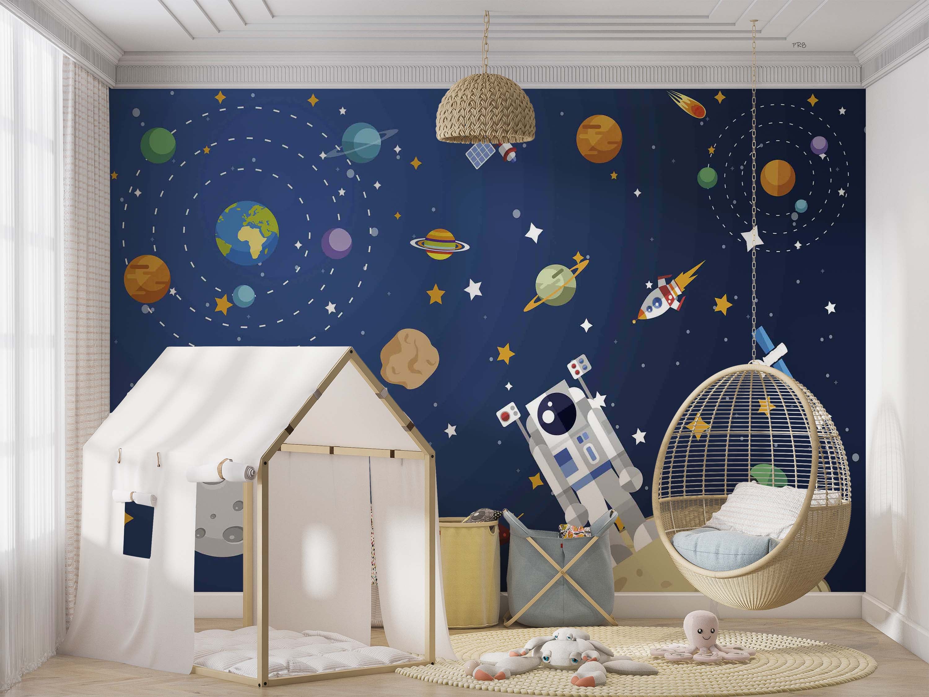 3D Cartoon Space Planet Satellite Star Wall Mural Wallpaper GD 4551- Jess Art Decoration