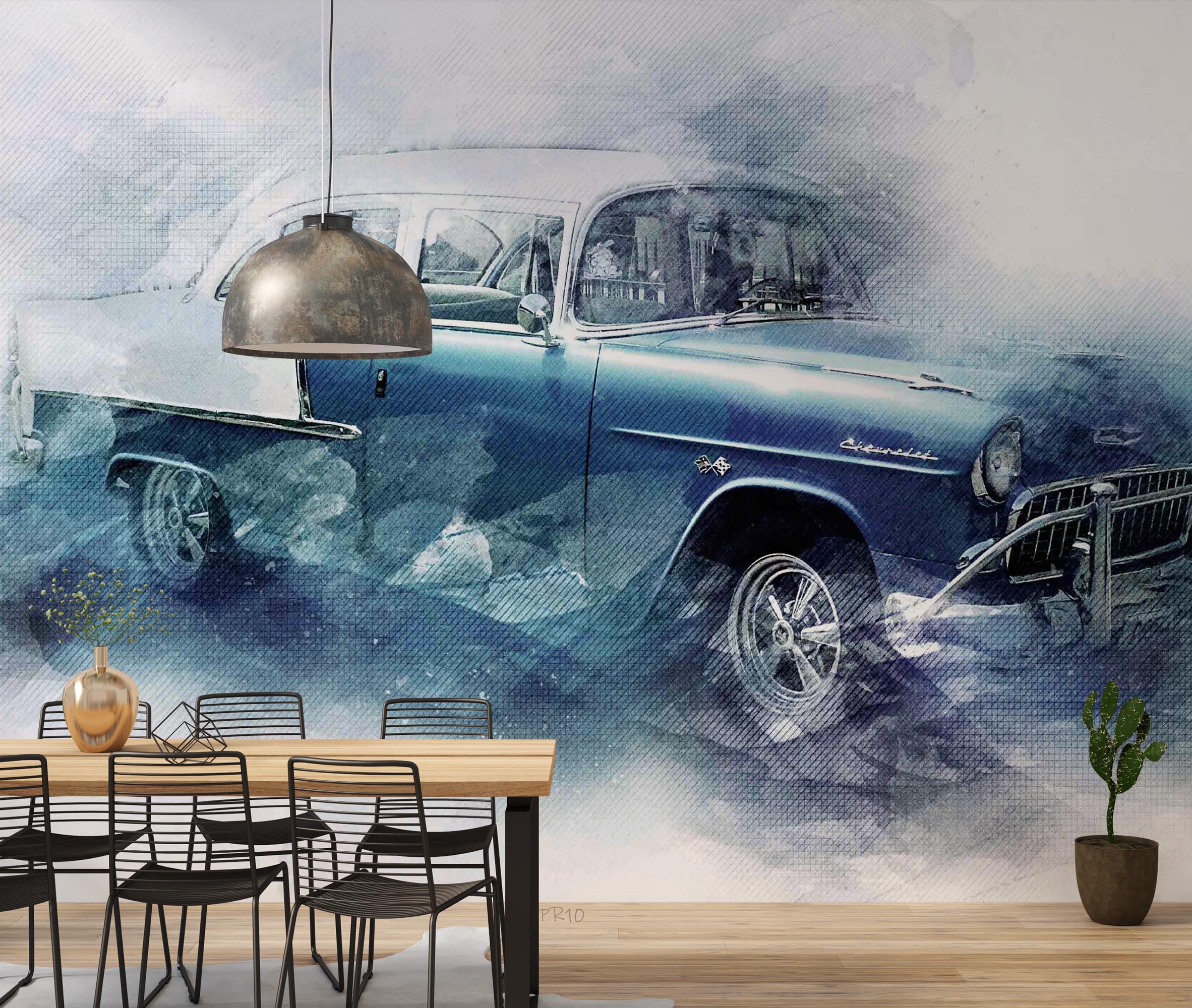 3D Vintage Blue Car Wall Mural Wallpaper GD 4806- Jess Art Decoration