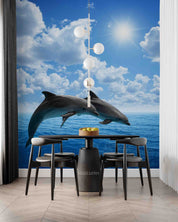 3D Jumping Dolphins Couple Blue Sea Sky White Clouds Wall Mural Wallpaper GD 5043- Jess Art Decoration