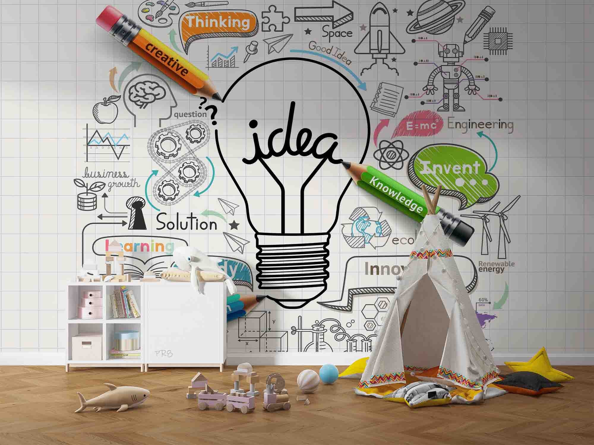 3D Light Bulb Idea Concept Doodle Icon Set Wall Mural Wallpaper GD 4536- Jess Art Decoration