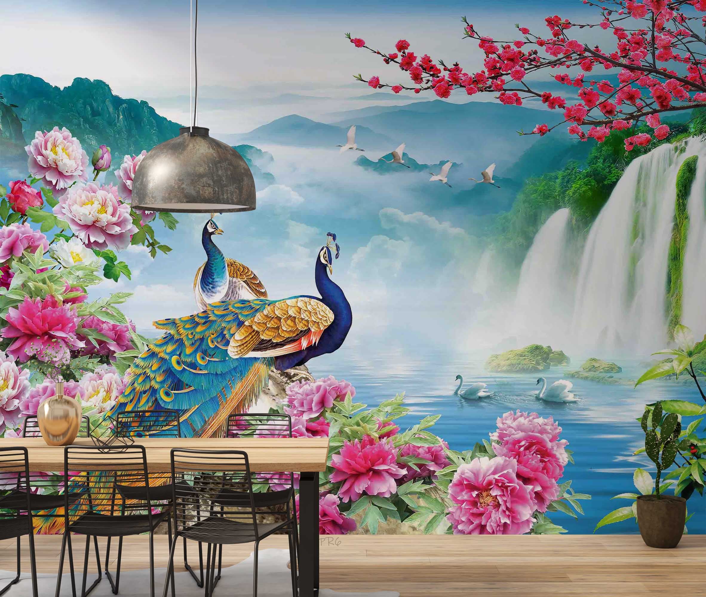 3D Animal Peacock Flower Swan River Waterfall Mountain Wild Goose Wall Mural Wallpaper YXL 03- Jess Art Decoration