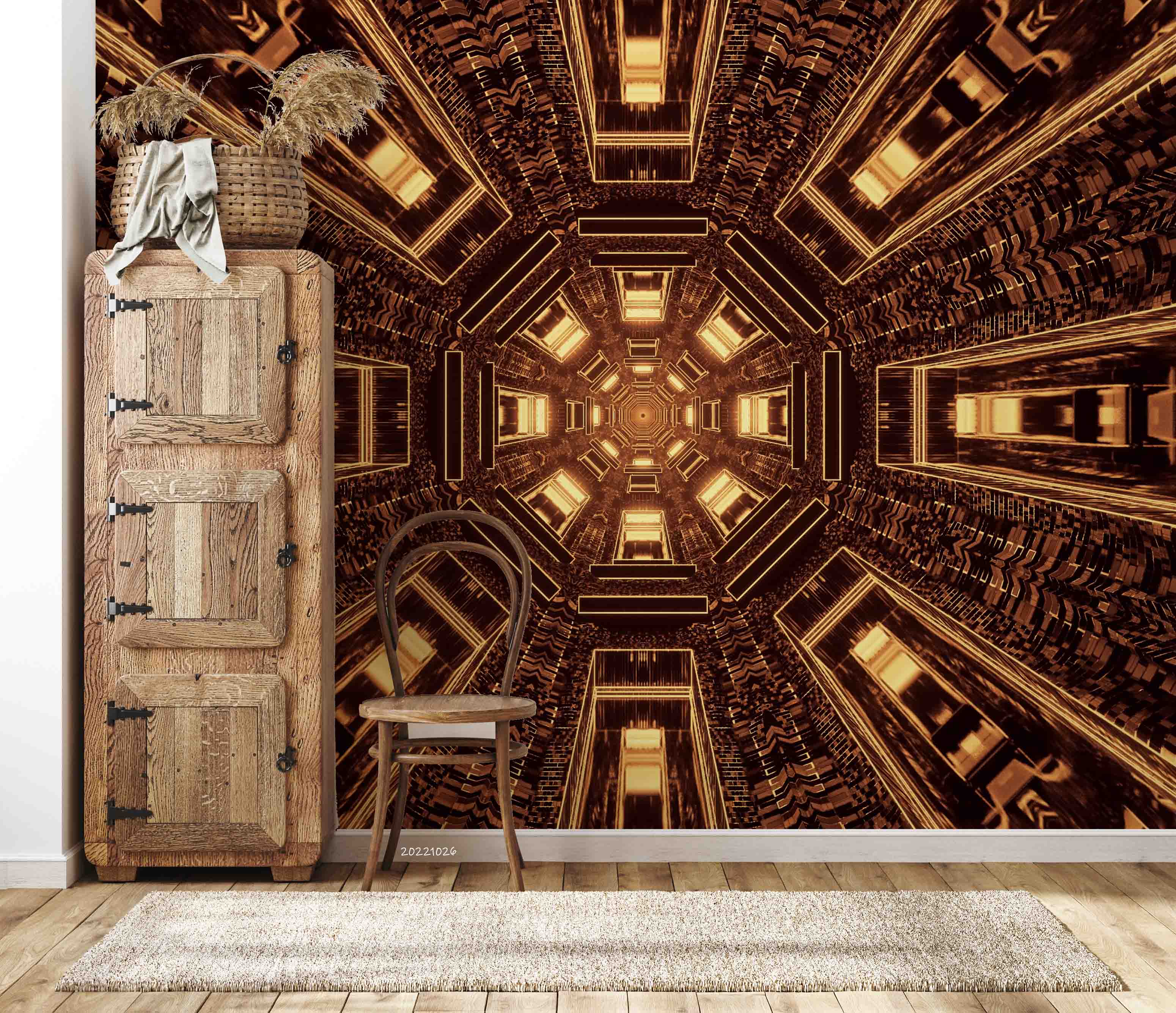 3D Futuristic Sci-Fi Tunnel Corridor Brown Gold Light Wall Mural Wallpaper GD 3170- Jess Art Decoration