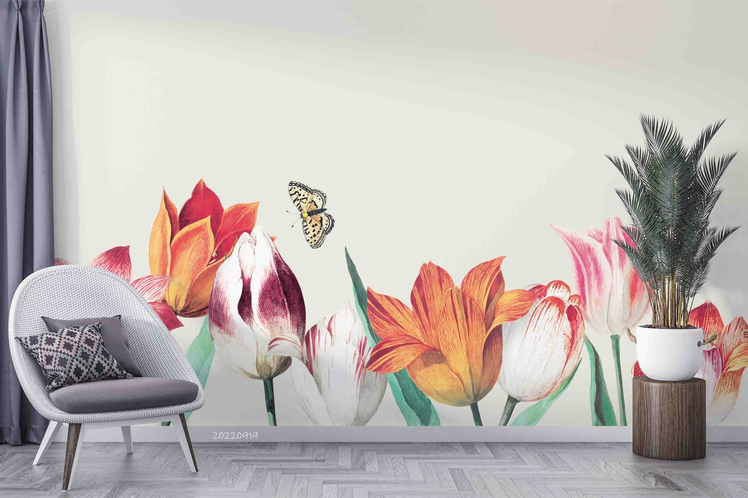3D Vintage Tulip Butterfly Border Wall Mural Wallpaper GD 3411- Jess Art Decoration