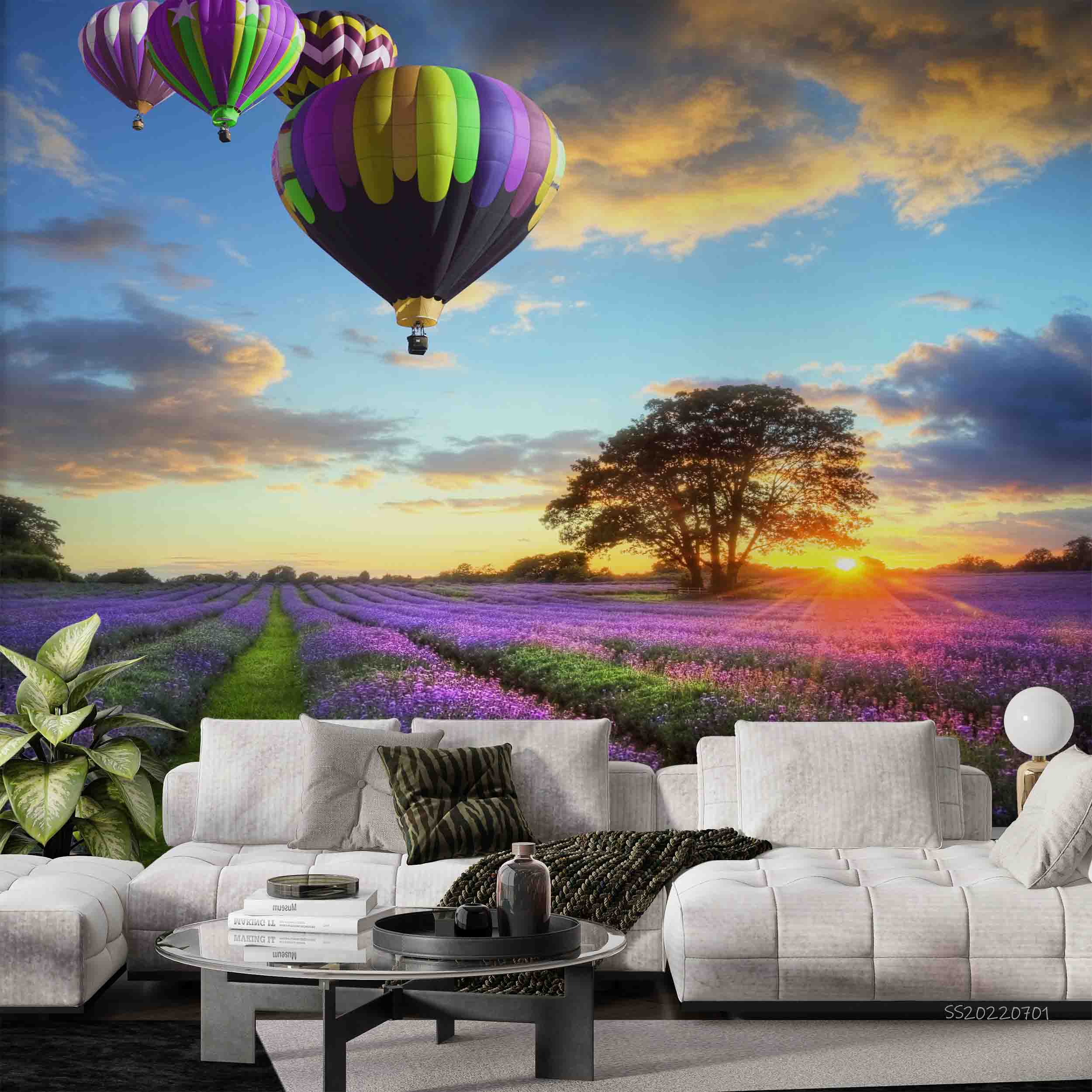 3D Sunset Clouds Sky Lavender Field English Countryside Landscape Hot Air Balloon Wall Mural Wallpaper GD 5055- Jess Art Decoration