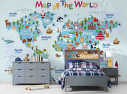 3D World Map Cartoon Animals Plants Architecture Kids Wall Mural Wallpaper GD 4587- Jess Art Decoration