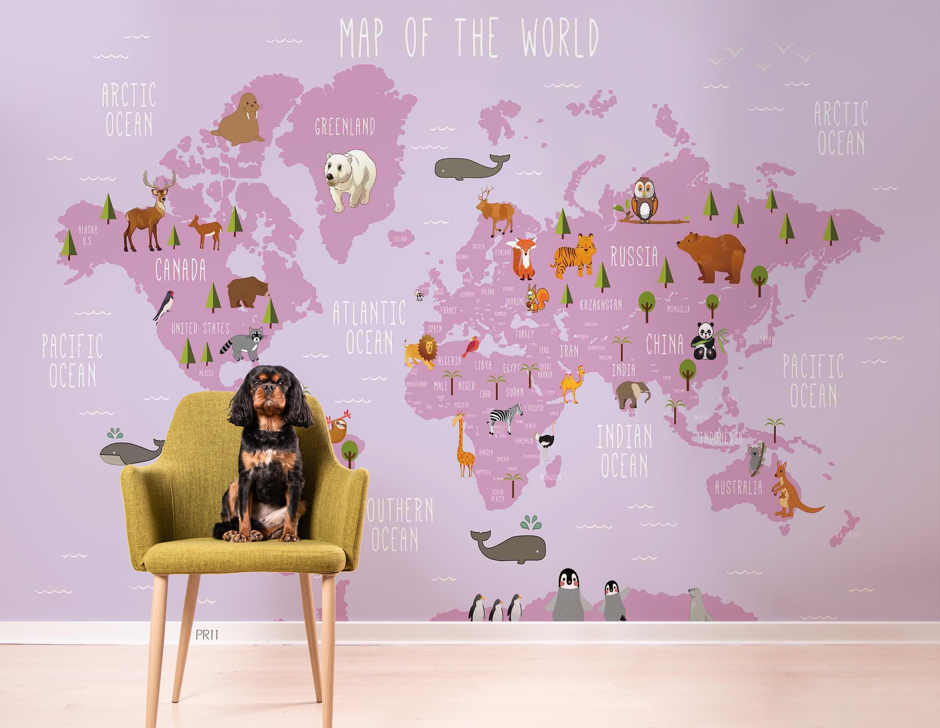 3D World Map Cartoon Animals Wall Mural Wallpaper GD 4920- Jess Art Decoration