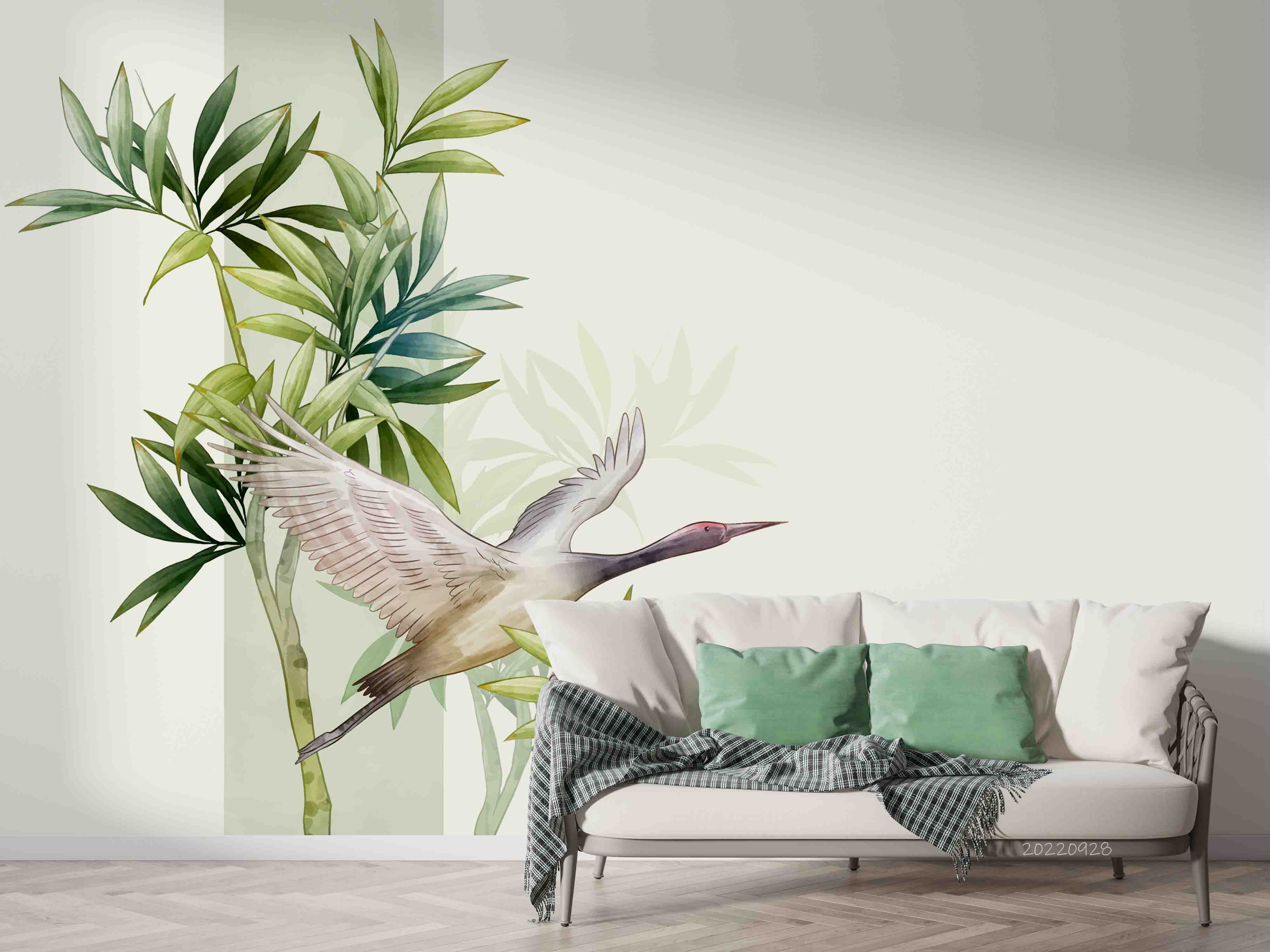 3D Asian Plants Leaves Watercolor Illustration Birds Wall Mural Wallpaper GD 3405- Jess Art Decoration