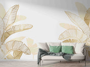 3D Hand Drawn Linear Engraving Tropical Golden Leaves Wall Mural Wallpaper GD 3368- Jess Art Decoration