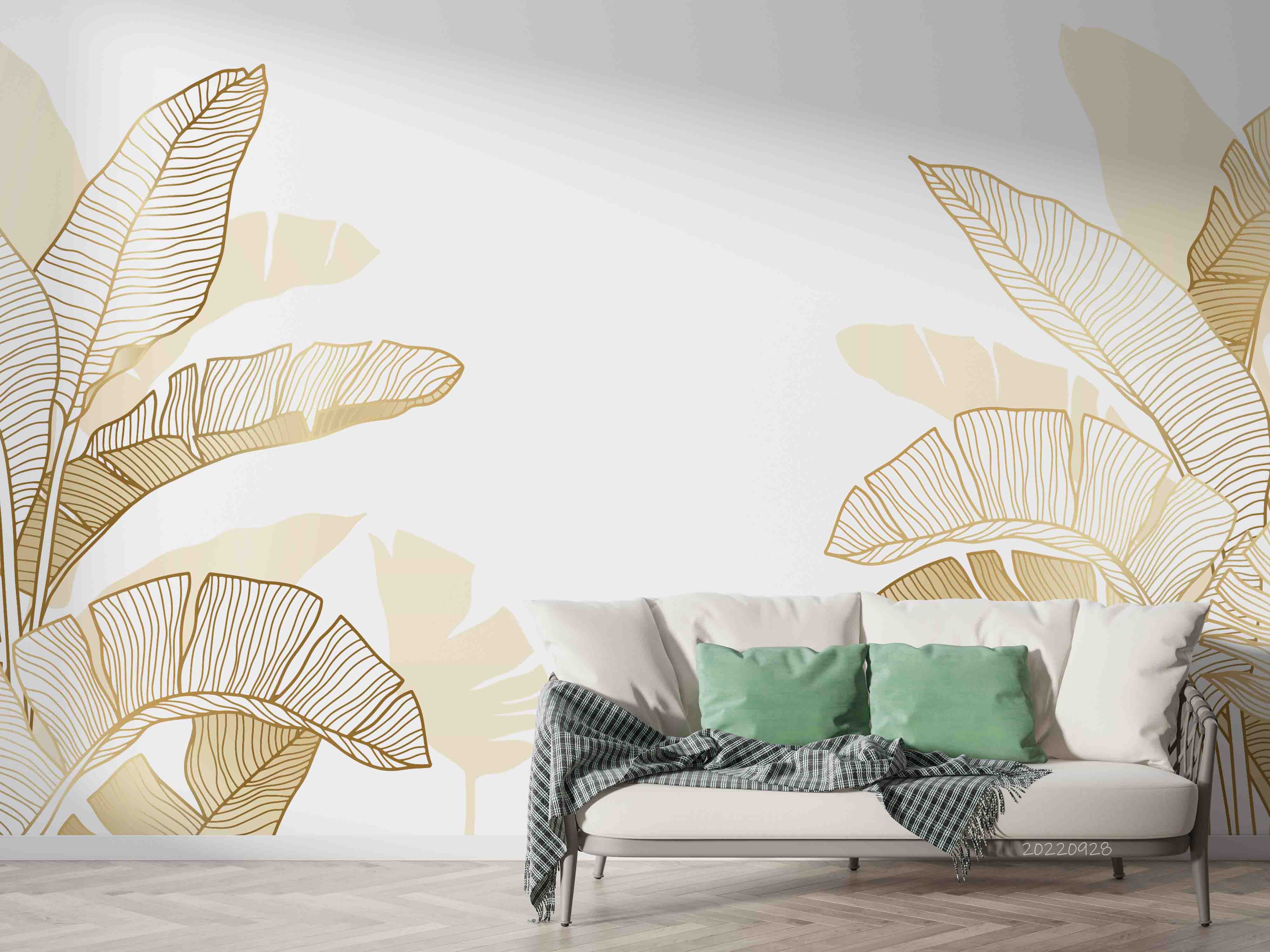 3D Hand Drawn Linear Engraving Tropical Golden Leaves Wall Mural Wallpaper GD 3368- Jess Art Decoration