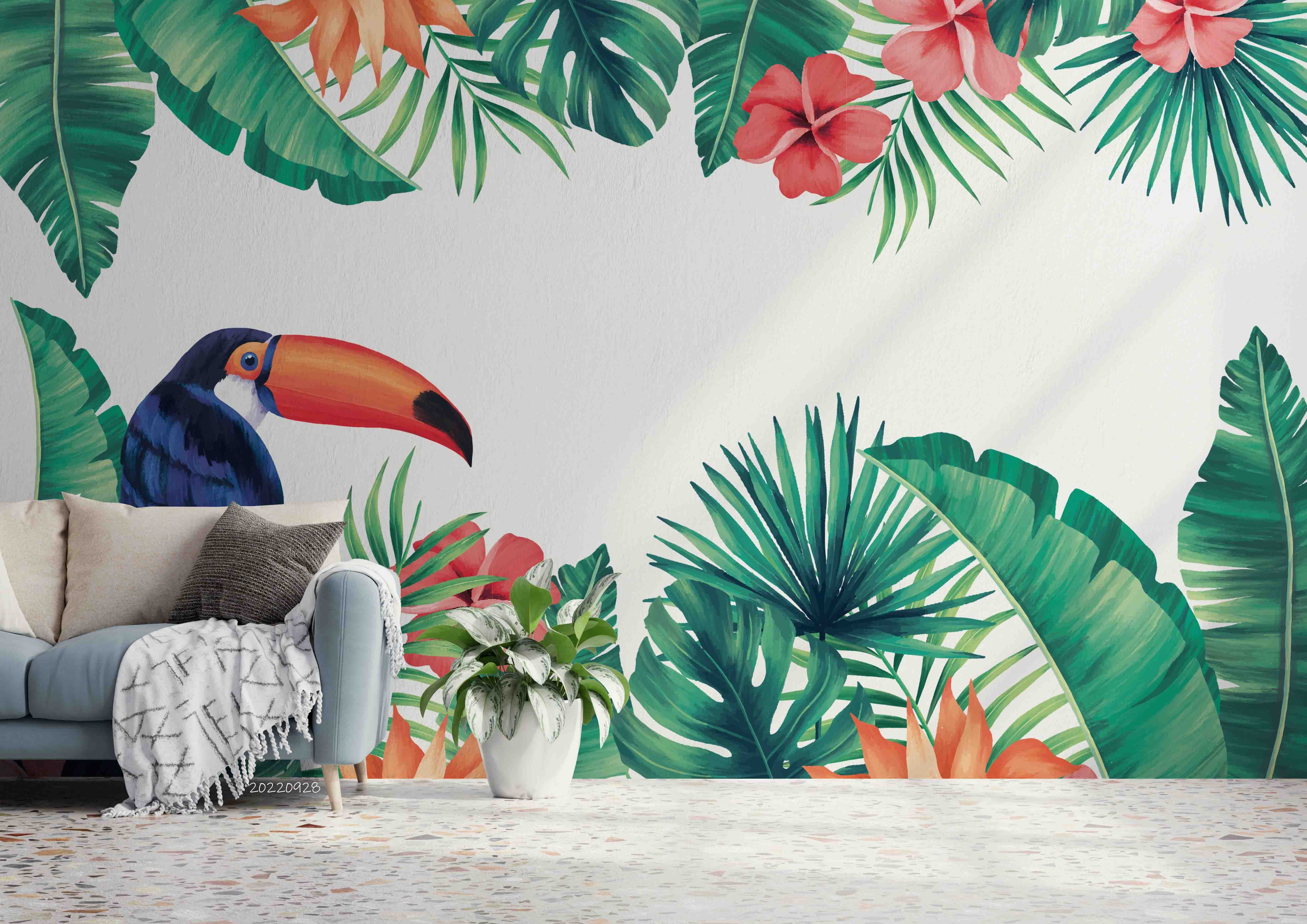 3D Watercolor Tropical Floral Leaf Toucan Background Wall Mural Wallpaper GD 3330- Jess Art Decoration