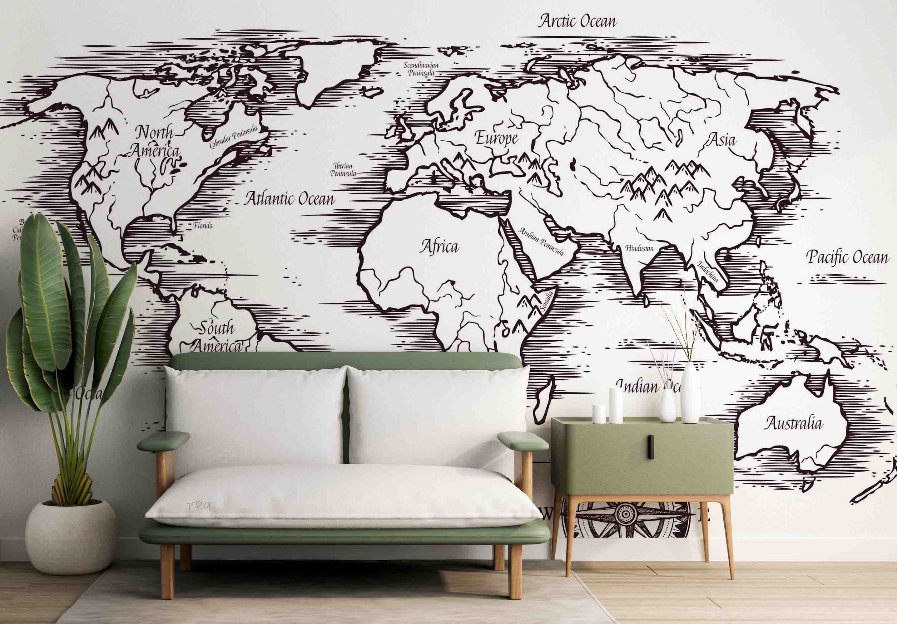3D Sketch World Map Black White Continent Ocean Wall Mural Wallpaper GD 4636- Jess Art Decoration