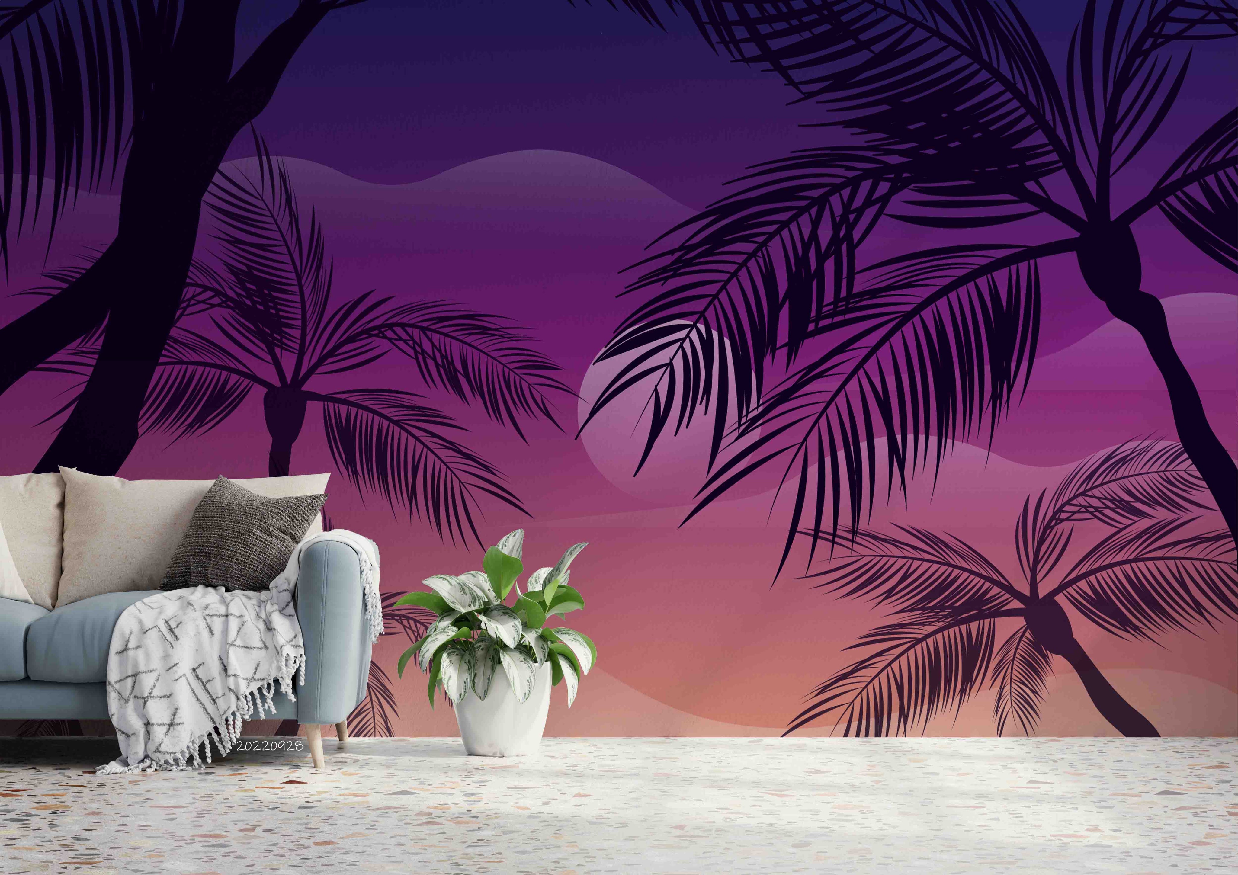 3D Summer Tropical Coconut Tree Purple Background Wall Mural Wallpaper GD 3380- Jess Art Decoration