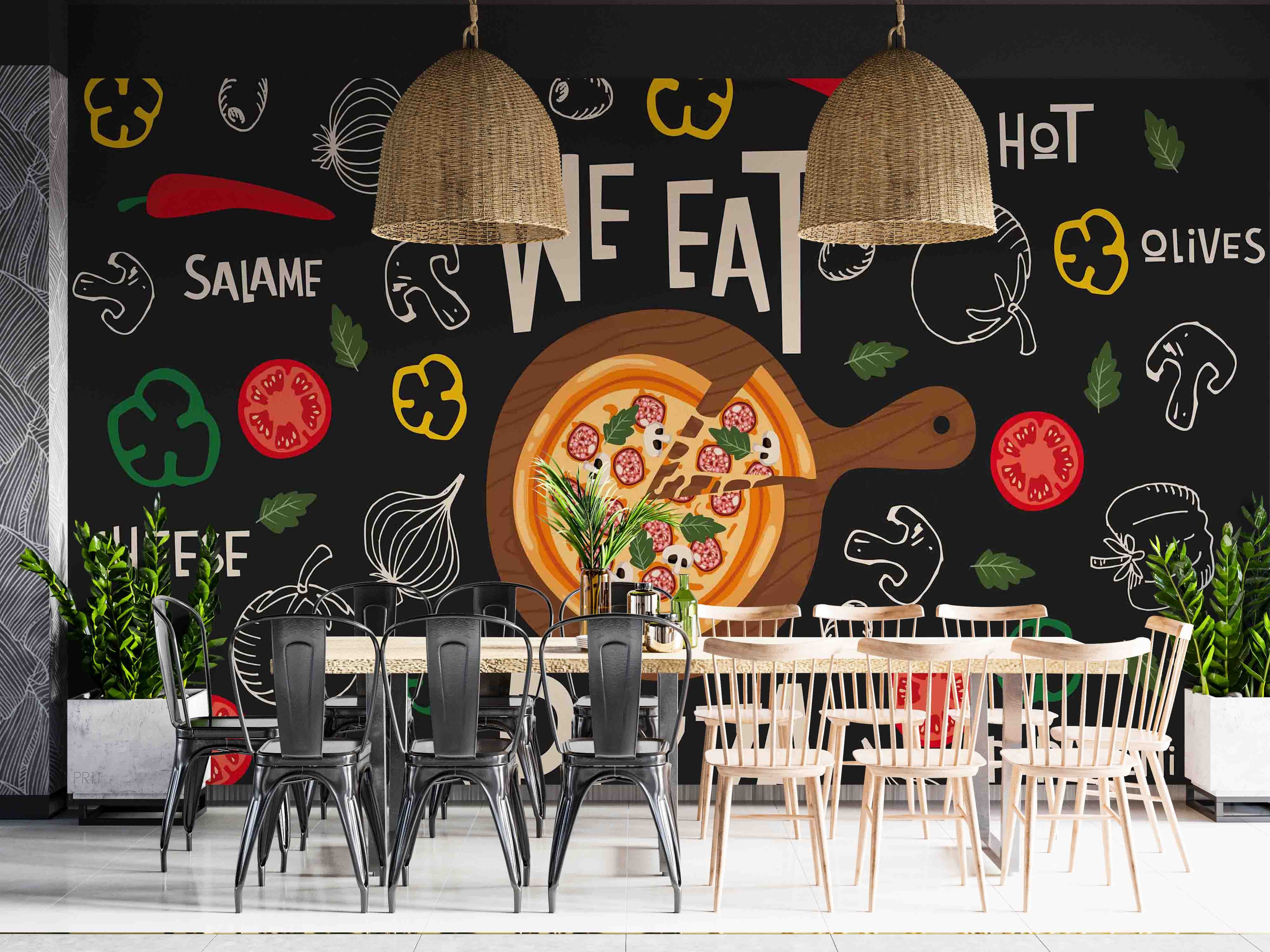 3D Vegetables Pizzeria Black Background Wall Mural Wallpaper GD 4926- Jess Art Decoration