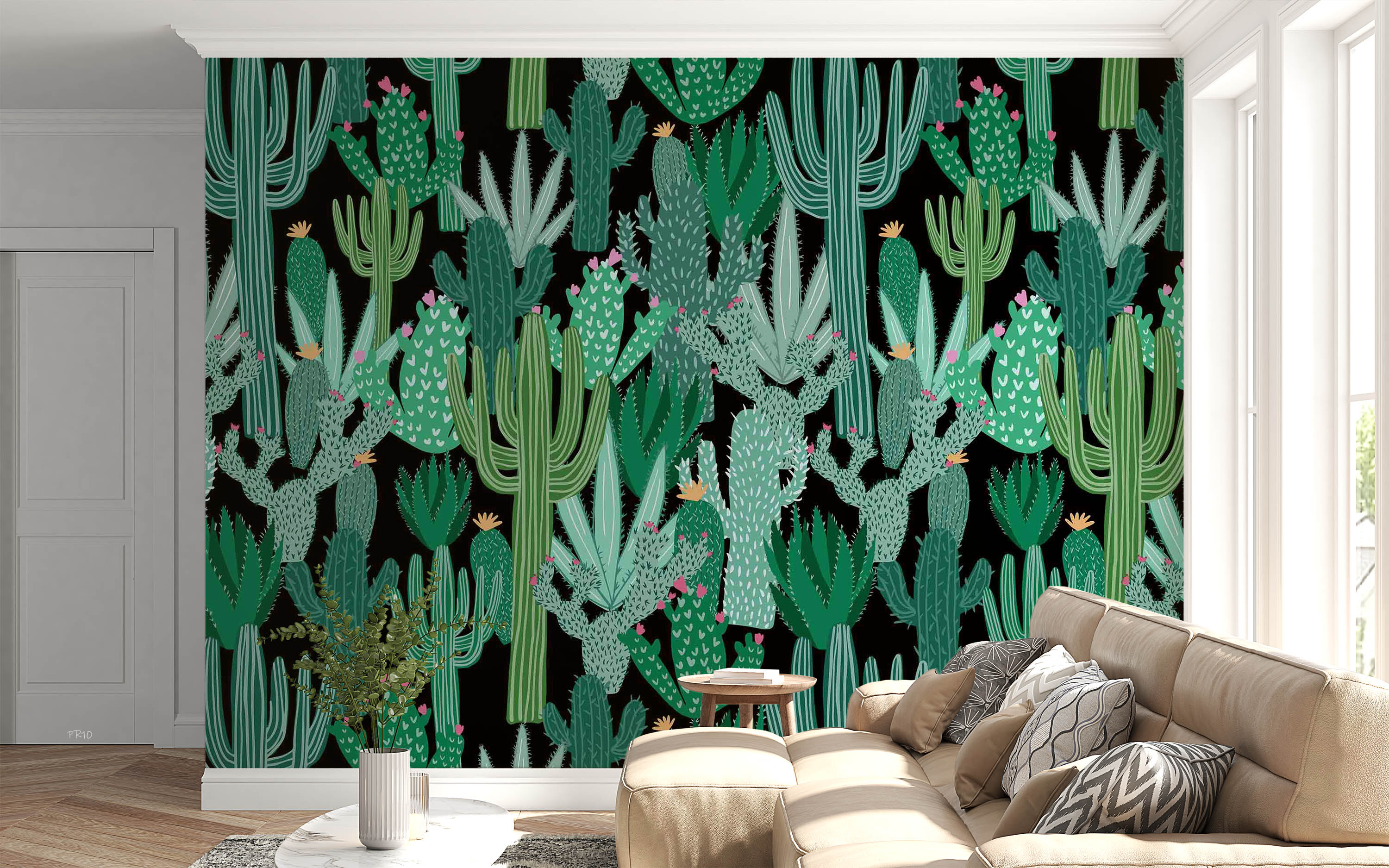 3D Watercolor Cactus Floral Black Background Wall Mural Wallpaper GD 4781- Jess Art Decoration