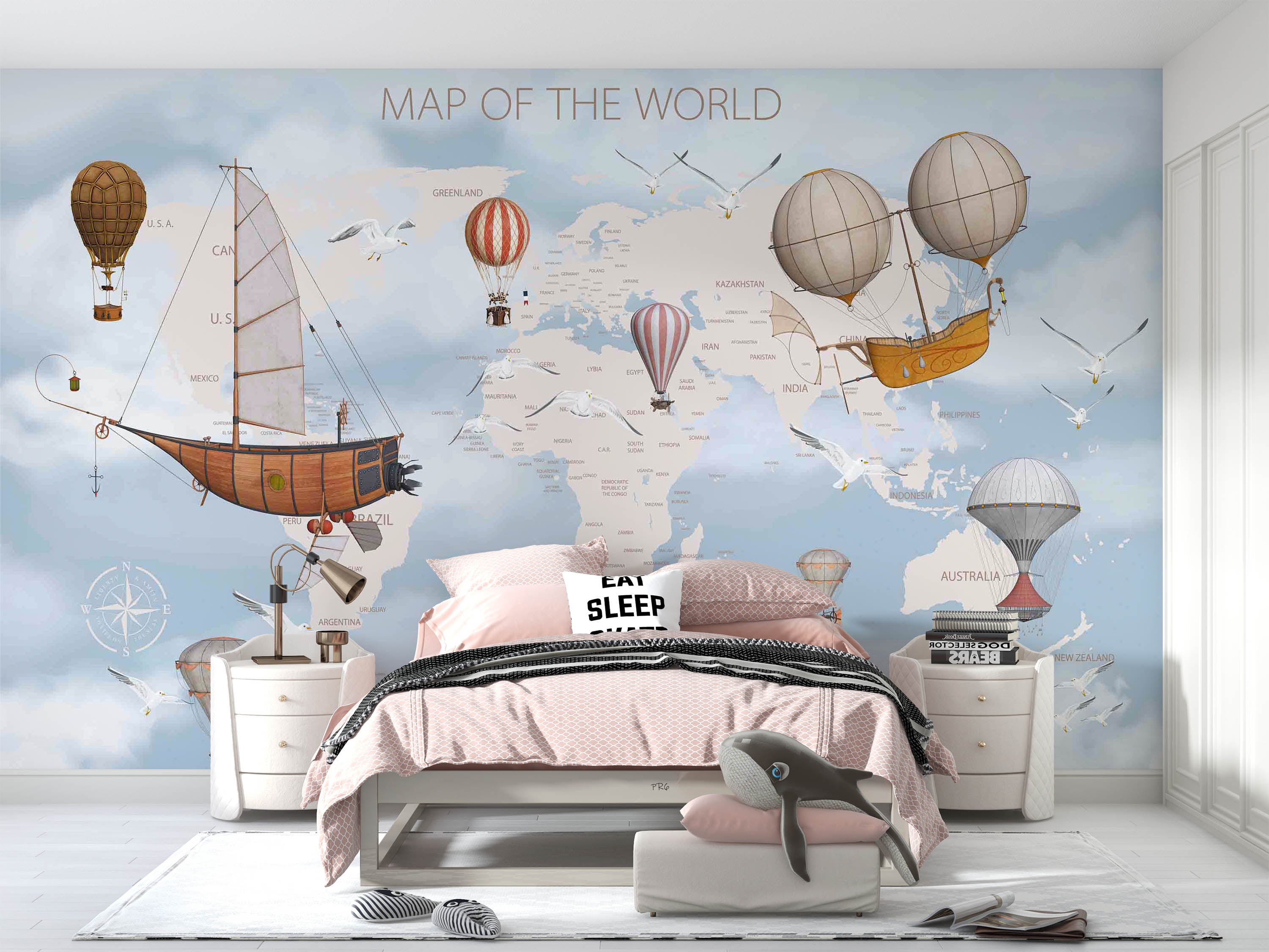 3D World Map Hydrogen Balloon Sailing Sea Mew Wall Mural Wallpaper YXL 12- Jess Art Decoration