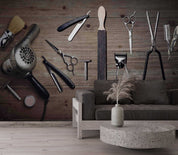 3D Barber Tools Wooden Board Texture Background Wall Mural Wallpaper GD 4702- Jess Art Decoration