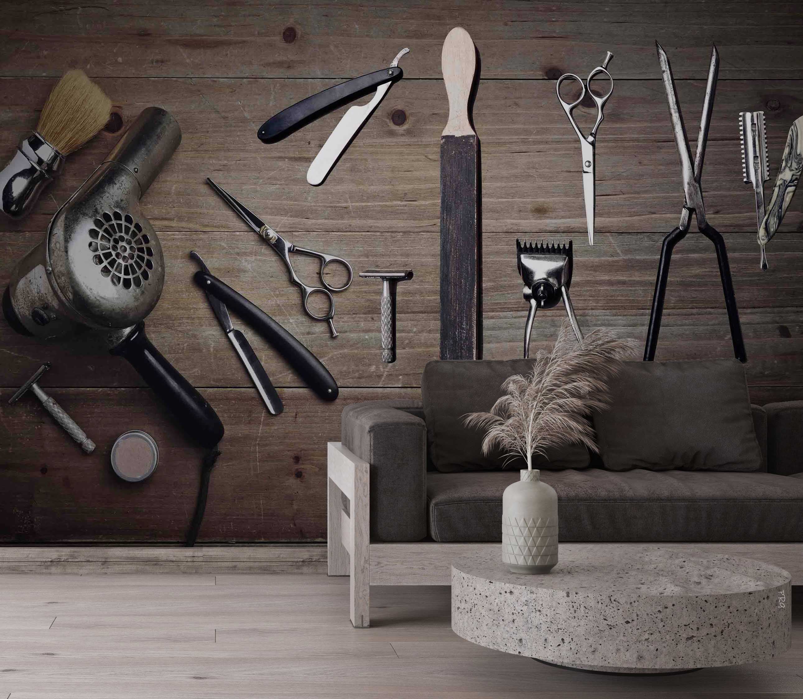 3D Barber Tools Wooden Board Texture Background Wall Mural Wallpaper GD 4702- Jess Art Decoration
