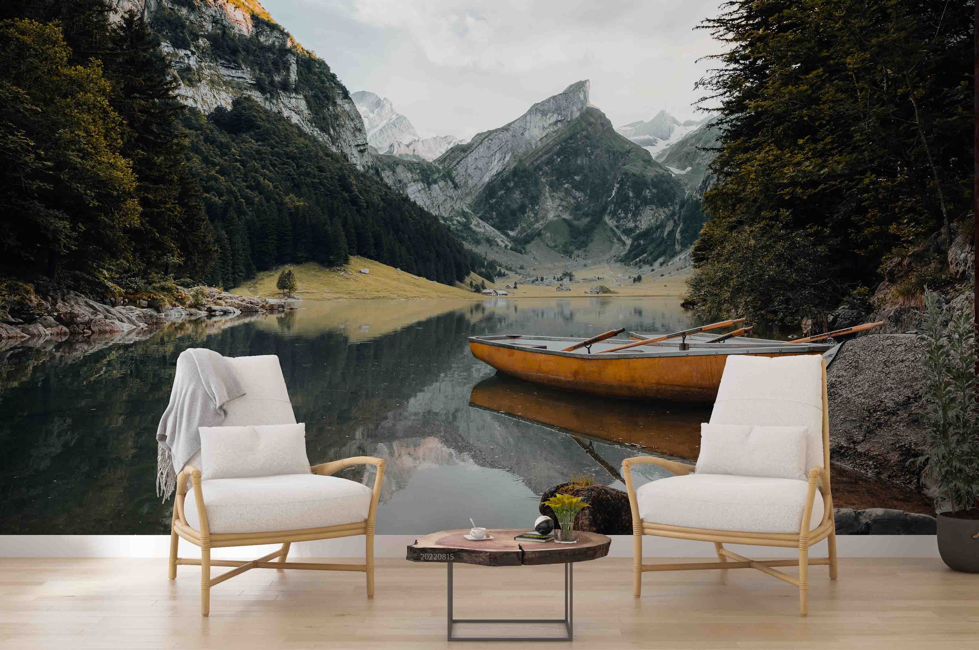 3D Mountain River Trees Boat Landscape Wall Mural Wallpaper GD 2939- Jess Art Decoration