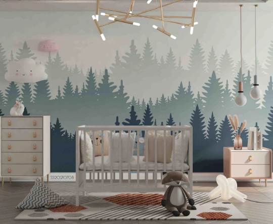3D Misty Forest Fog minimal misty pine forest wall mural wallpaper for nursery - view 4
