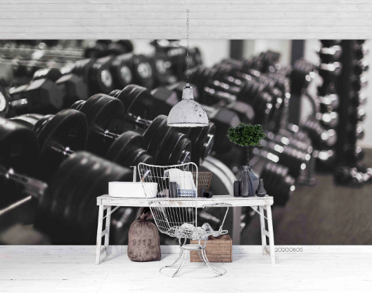 3D Fitness Equipment Dumbbell Black Wall Mural Wallpaper YXL 1150