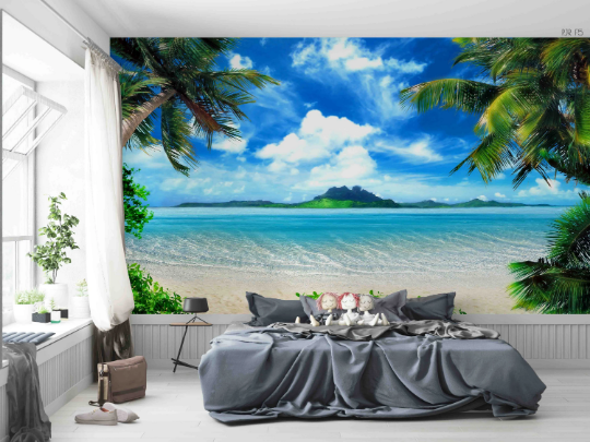 3D Tropical Sand Beach bright tropical beach landscape wall mural wallpaper for living room - view 4