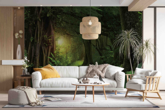 3D Sunlit Forest Tree sunlit green forest landscape wall mural wallpaper for living room