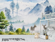 3D Snow Mountain Deer soft winter mountain deer landscape wall mural wallpaper for nursery - view 2