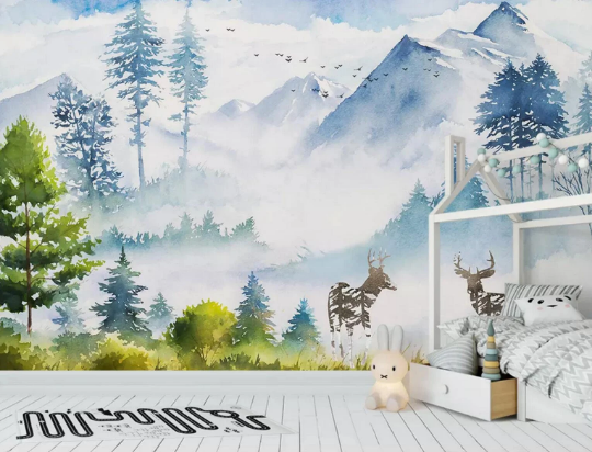 3D Snow Mountain Deer soft winter mountain deer landscape wall mural wallpaper for nursery - view 2