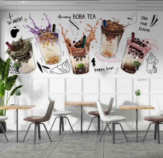 Milk Tea Red Beans Letter White Design 2 Wallpaper cafe & food wall mural for cafe, restaurant or shop interior - view 2