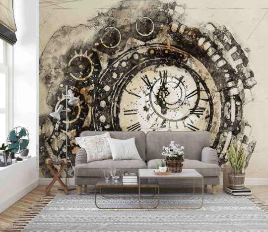 Wall Clock Round Gear Contemporary Wallpaper contemporary street art wall mural for creative room or feature wall - view 3