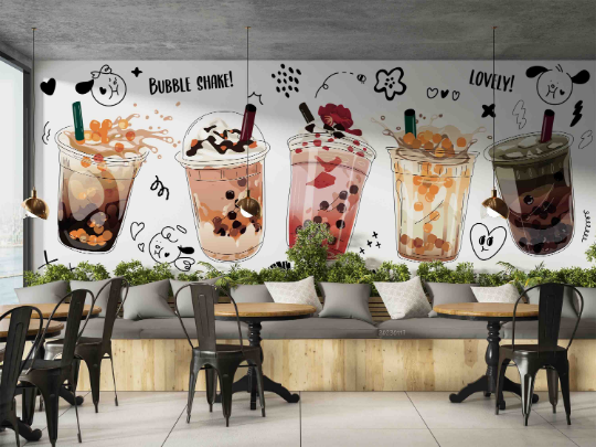 Milk Tea Letter Pearl Wallpaper cafe & food wall mural for cafe, restaurant or shop interior - view 3