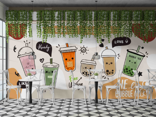 Milk Tea Red Beans Letter White Wallpaper cafe & food wall mural for cafe, restaurant or shop interior - view 4