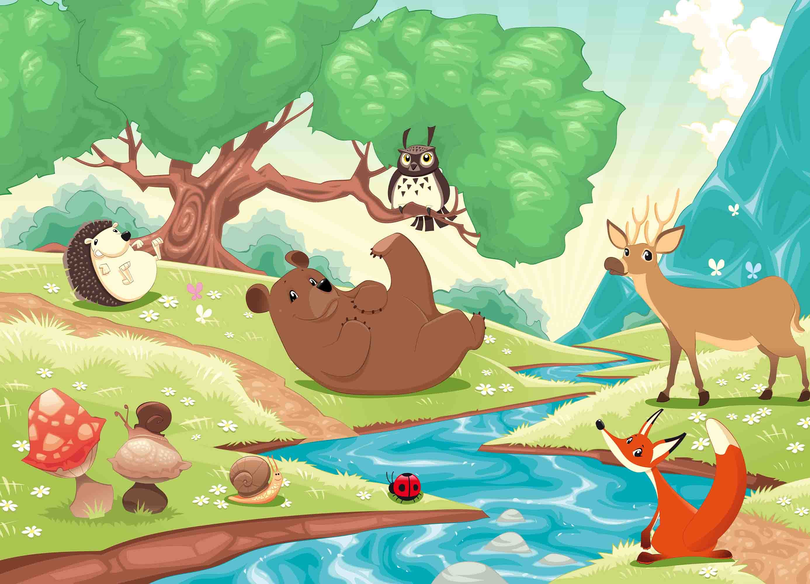 3D Woodland Bear Hedgehog cute woodland animal illustration wall mural wallpaper for nursery - view 5