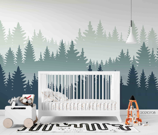 3D Misty Forest Fog minimal misty pine forest wall mural wallpaper for nursery