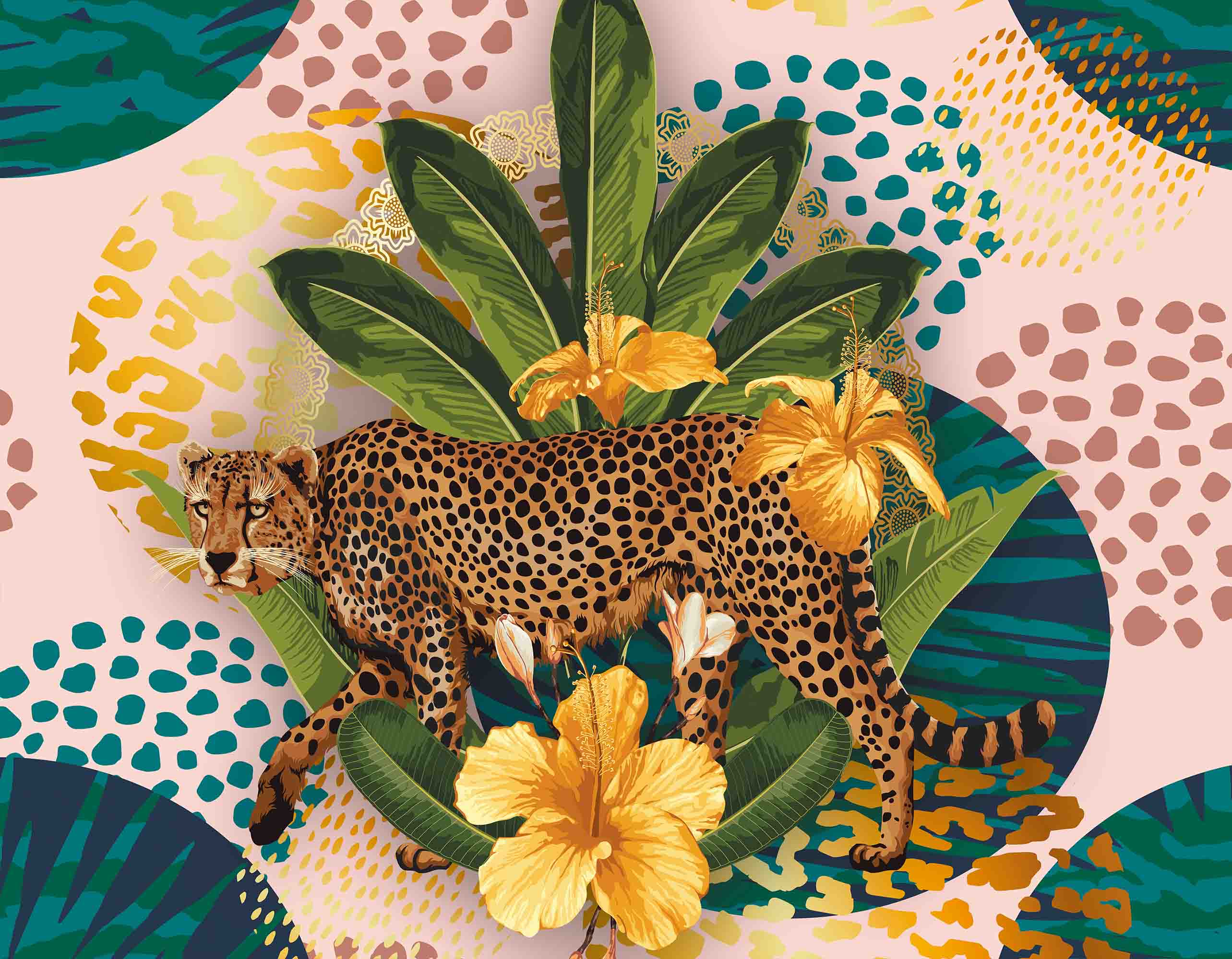 3D Cheetah Leaf Round Wave Point Wall Mural Wallpaper YXL 2742