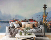 3D Belt Tightening Pulley Sea Sea Mew Bridge Wall Mural Wallpaper YXL 105