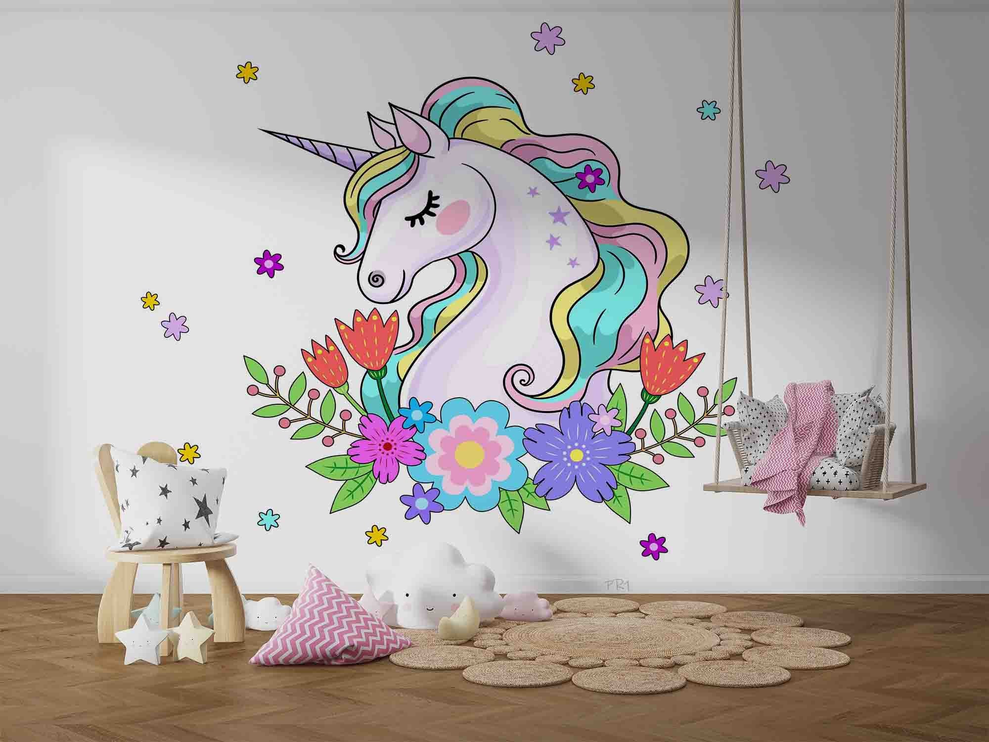 3D Animal Unicorn Floral Leaf Wall Mural Wallpaper YXL 2653