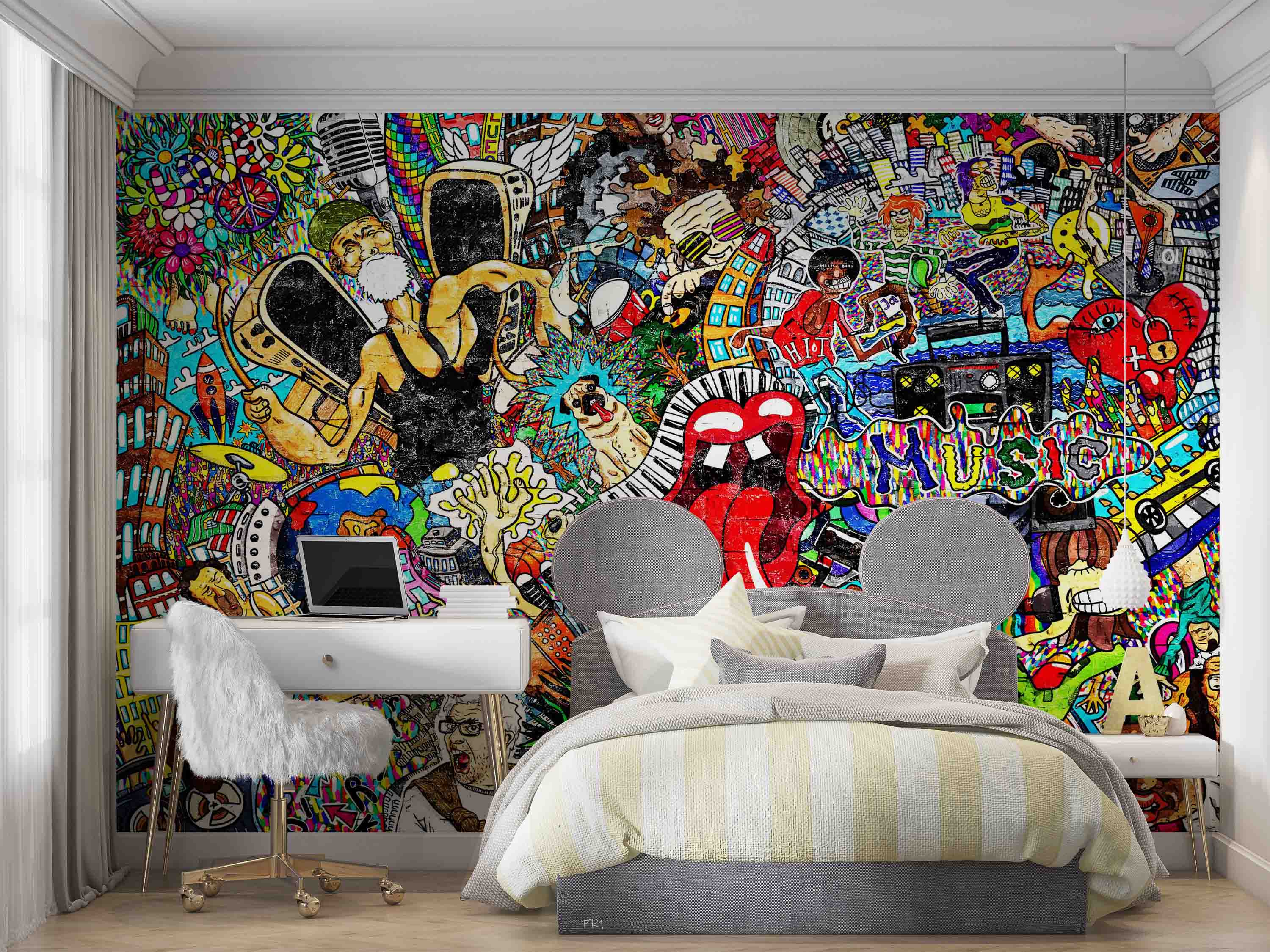 Graffiti Mouth House Tooth Tongue Wallpaper urban graffiti wall mural for teen room, studio or feature wall