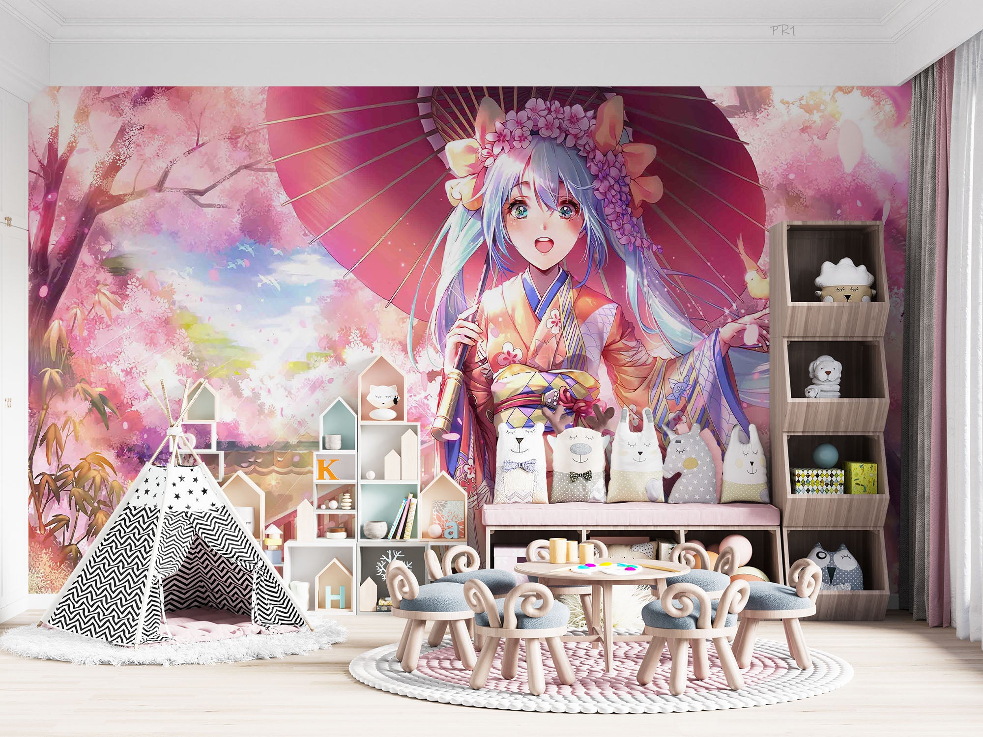 3D Cartoon Tree Umbrella Person Sky Cloud Wall Mural Wallpaper YXL 2636